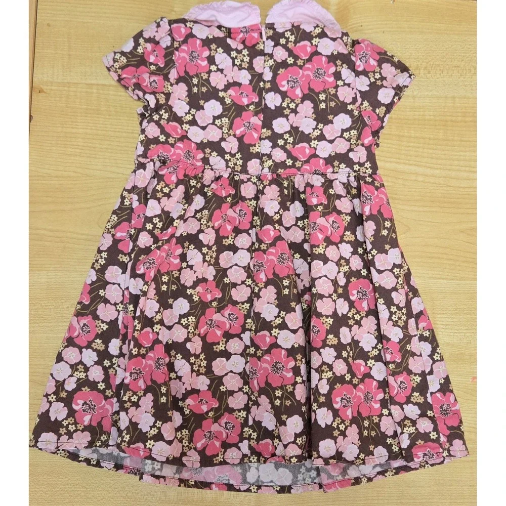 Vintage 2005 Gymboree Girls Pink Brown Floral Peter Pan‎ Collar Cotton Dress 2T